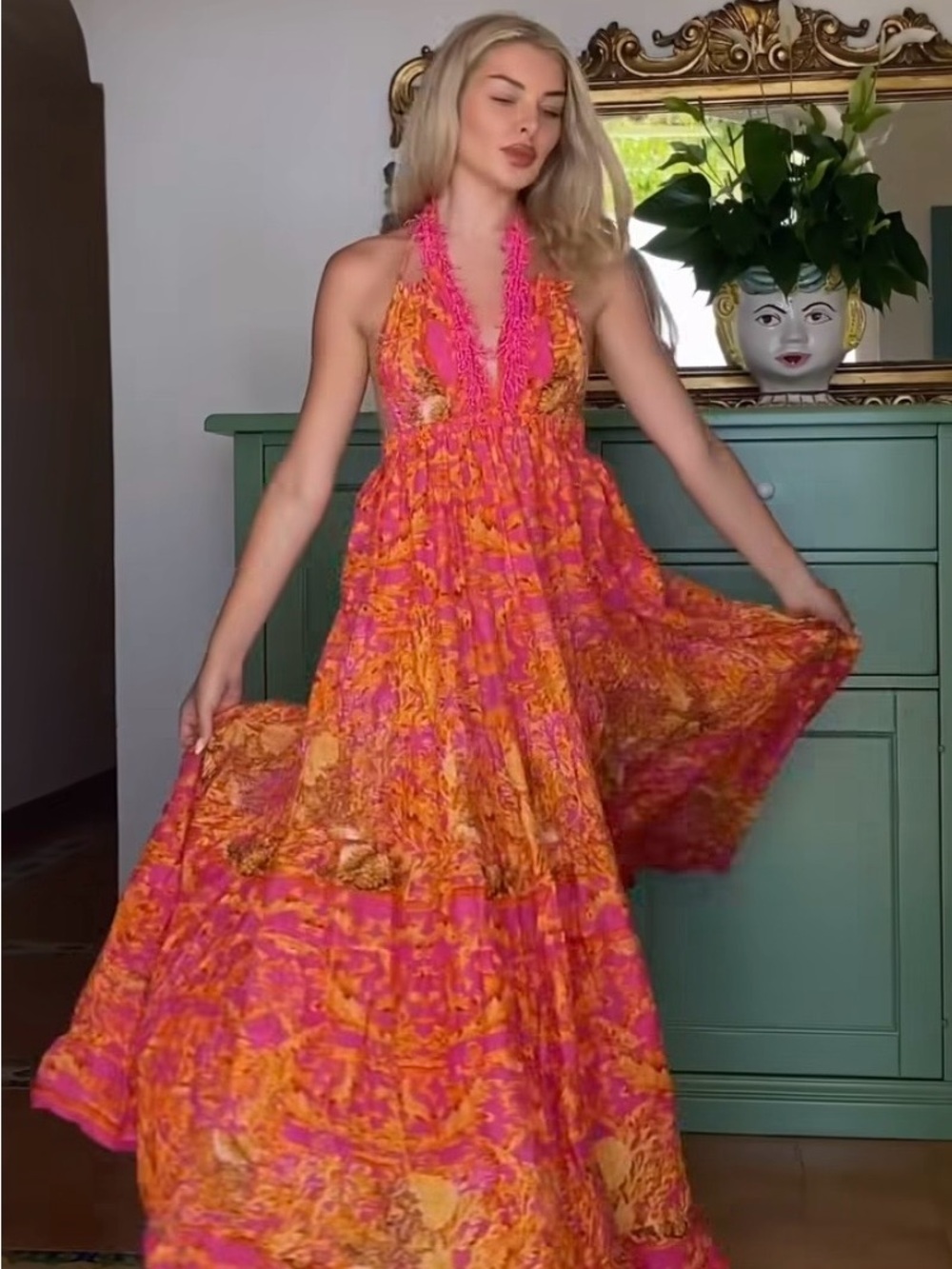Antica Sartoria Backless Halter Maxi Dress in Pink & Orange O/S NWT